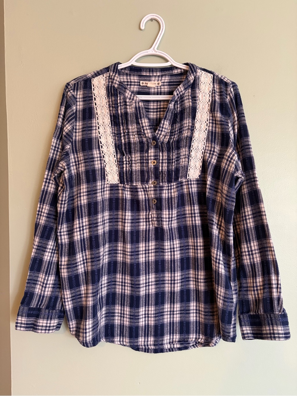 RuffHewn Plaid Flannel Henley Shirt Petite L Cotton Lace Cottagecore Granola